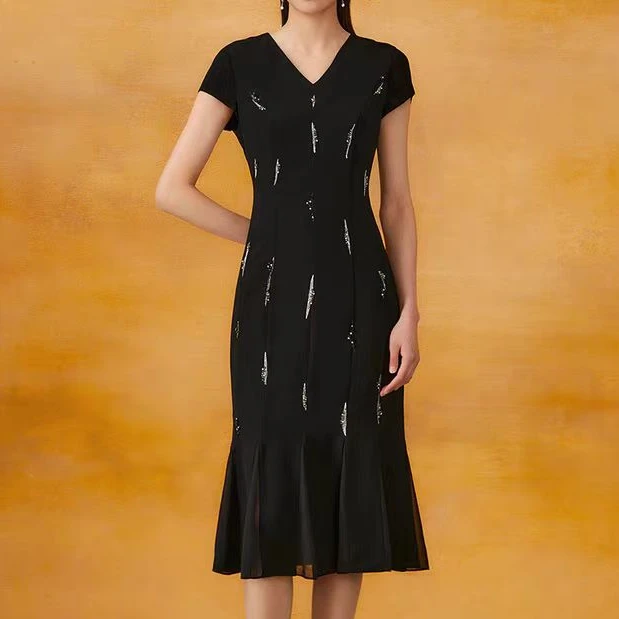 【歌】夏季黑色醋纤百褶鱼尾礼服长裙连衣裙-GG700