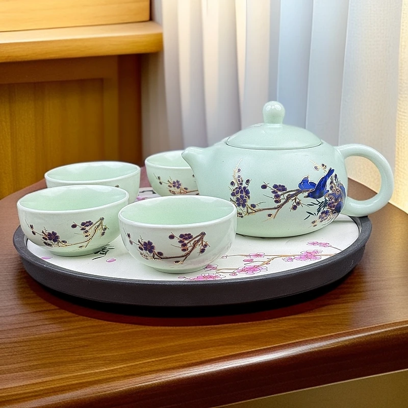 喜上眉梢汝窑青西施壶+四杯+喜上眉梢茶盘ZH109
