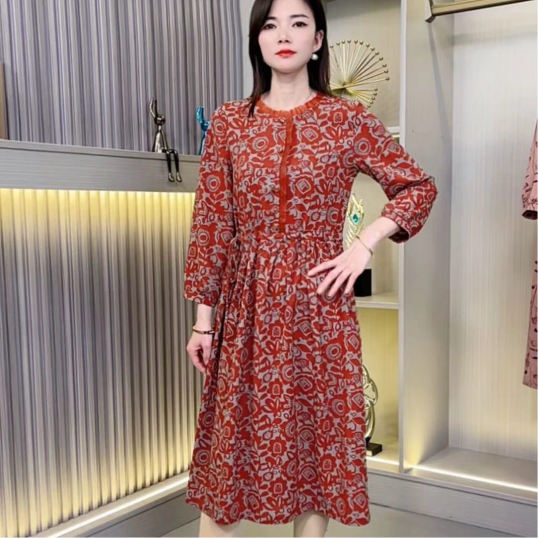 2025新款春装宽松显瘦圆领洋气连衣裙时尚有口袋气质