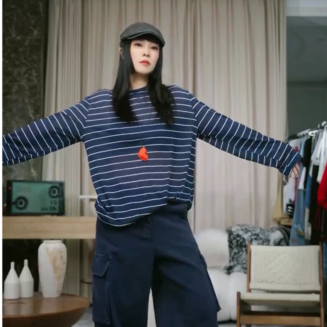 infobyfive2025秋冬新款条纹宽松长袖圆领打底衫T恤一店2DI1705