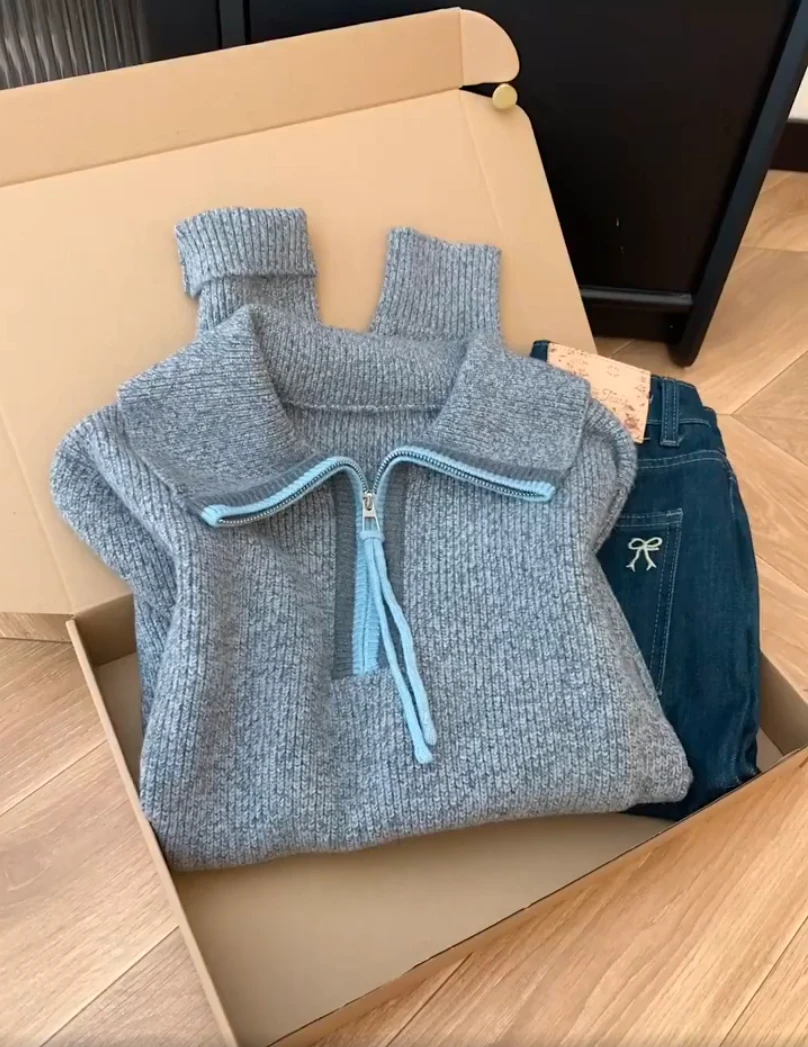 韩系撞色半拉链高级感翻领针织衫女冬季新款小众宽松显瘦长袖毛衣