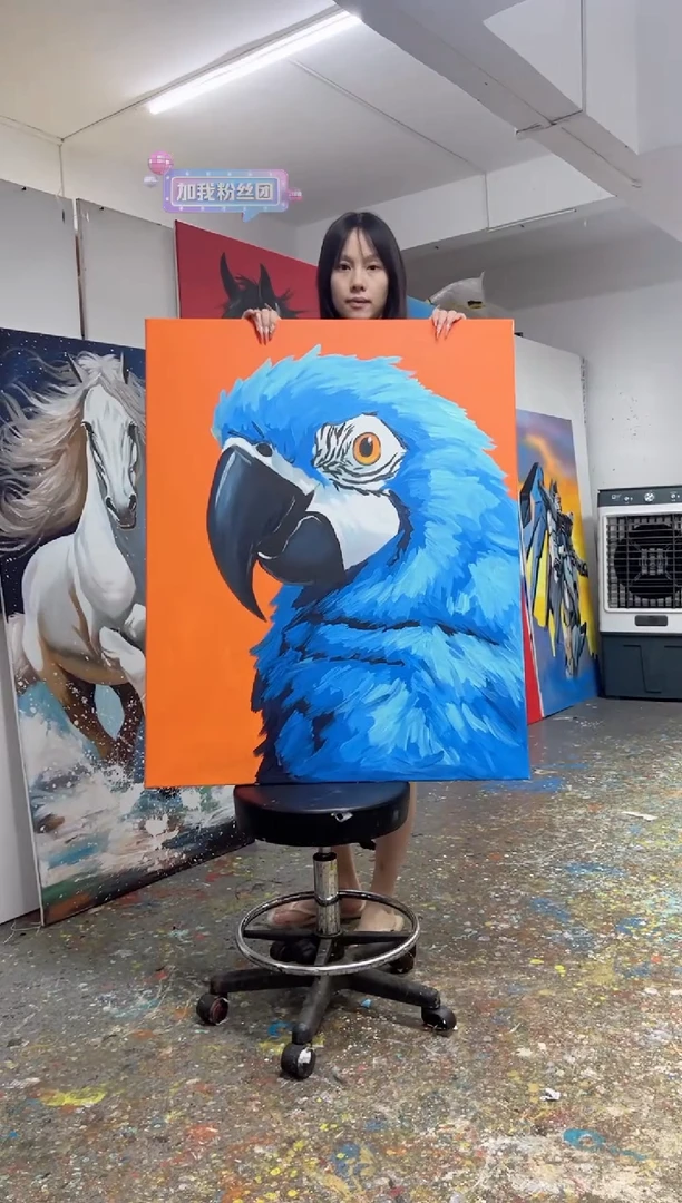 丙烯画雲*大树老师橙底鹦鹉丙烯不加框