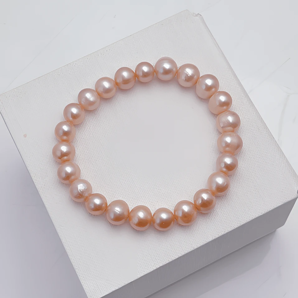 【粉光】7-8MM天然无核淡水珍珠素圈金粉色手链强光手串DSL00762