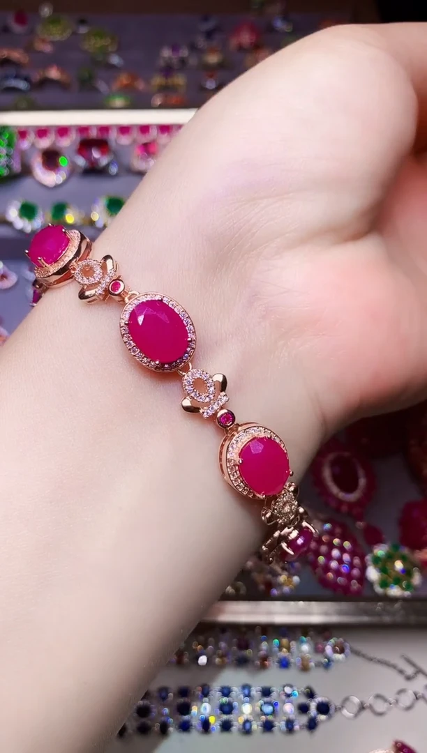 银S925镶嵌手链红宝石...