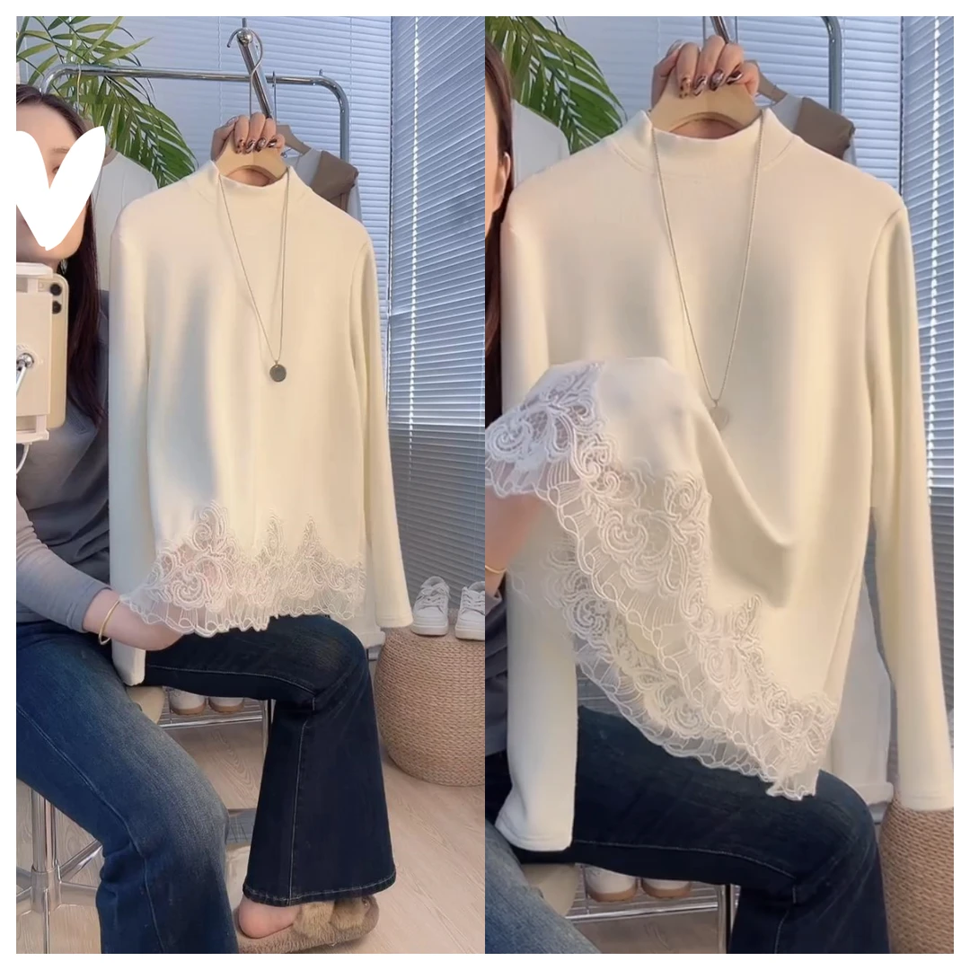 【自发热加厚德绒】新款T恤打底衫内搭秋冬高档花边拼接上衣W1038