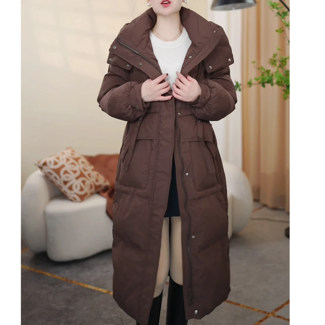 韩版冬季高端连帽长款羽绒服女士简约休闲冬季长款加厚外套24D27