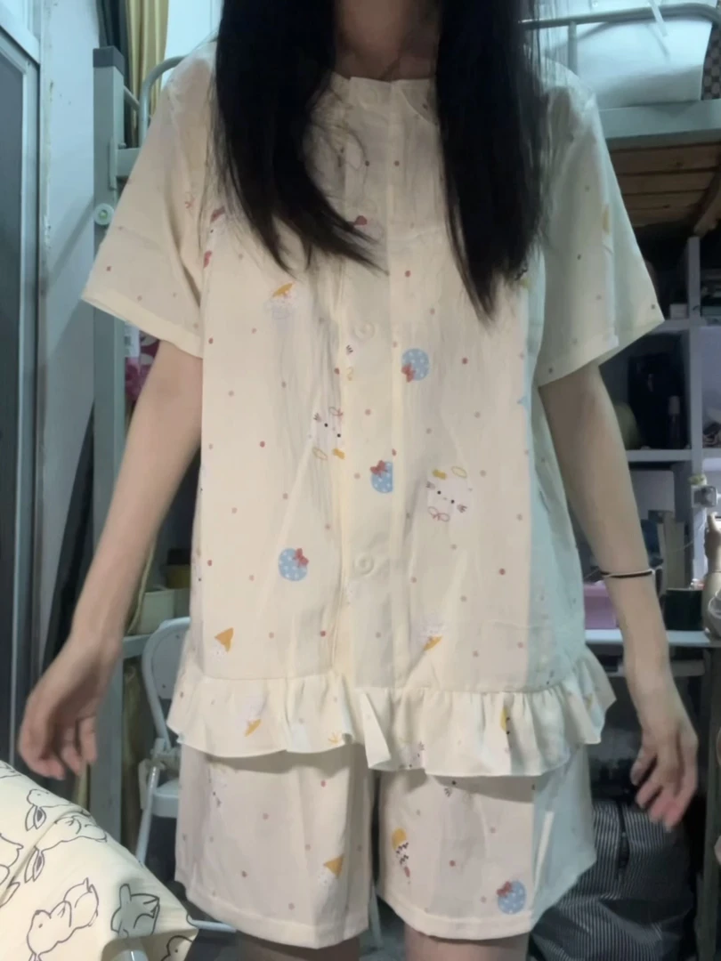 日系ins甜美可爱卡通波点凯蒂猫睡衣女夏季新款公主风家居服套装
