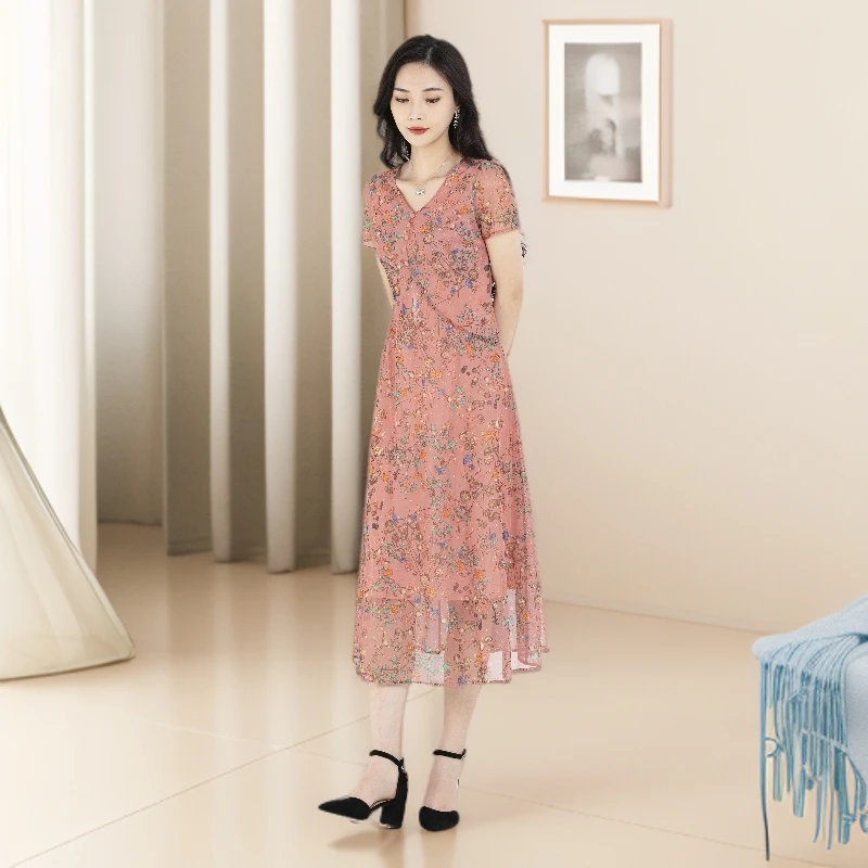 2L22668-08F大码显瘦连衣裙春秋时尚大码妈妈装印花长裙碎花气质