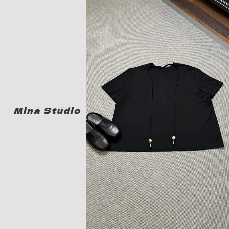Mina Mina 25夏季新款 小众极简纯色休闲宽松飘带短袖显瘦T恤上衣