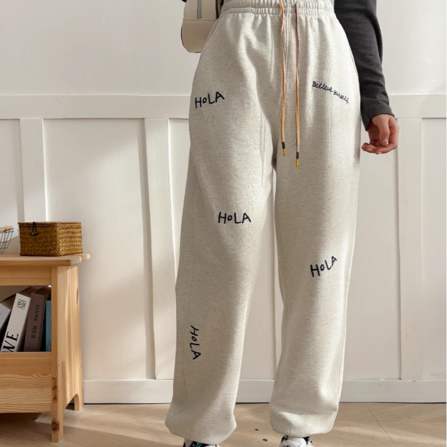 纸袋家春季新款「字母刺绣显瘦休闲裤」09004纯棉毛圈韩版显瘦抽绳