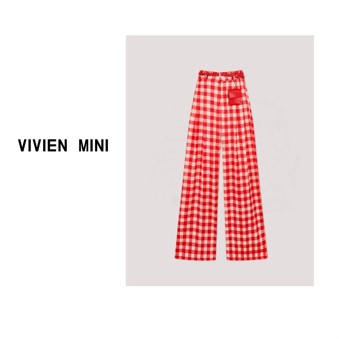 【VIVIEN MINI】轻奢洋气重工烫钻显高百搭直筒宽松红色格子休闲裤