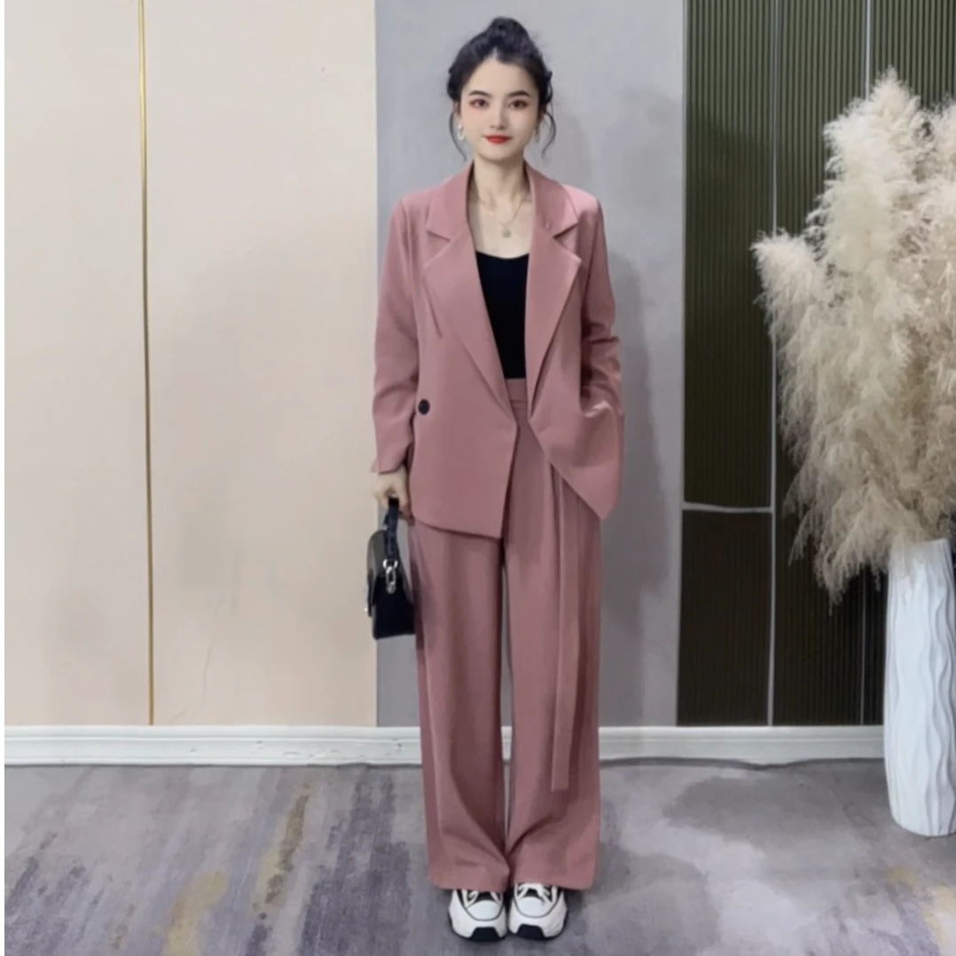 小个子定制春新款时尚宽松高级感粉色廓形西装阔腿裤两件套2504