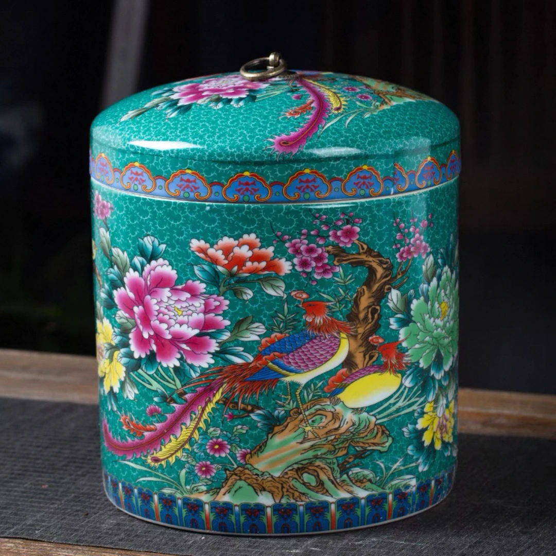 【容量10斤，高24，肚径22，口径18】绿色百鸟朝凤米缸配旋转底座