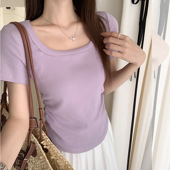 卡莲格/纯欲抽褶方领显瘦短袖T恤女夏新款胖mm小众设计感气质上衣
