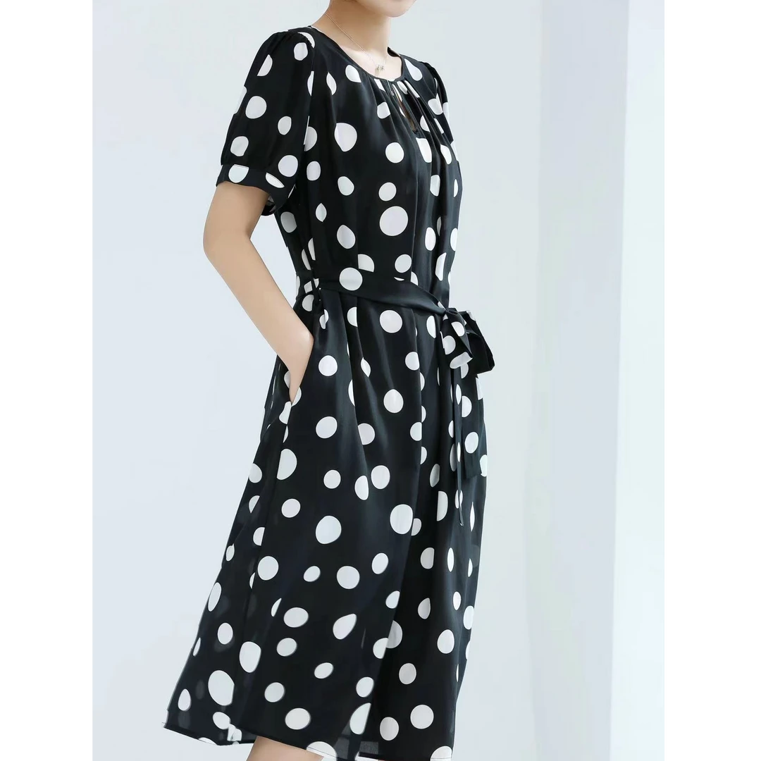 【100%桑蚕丝】数兰朵波点真丝连衣裙 夏季白色百搭气质女裙中长裙