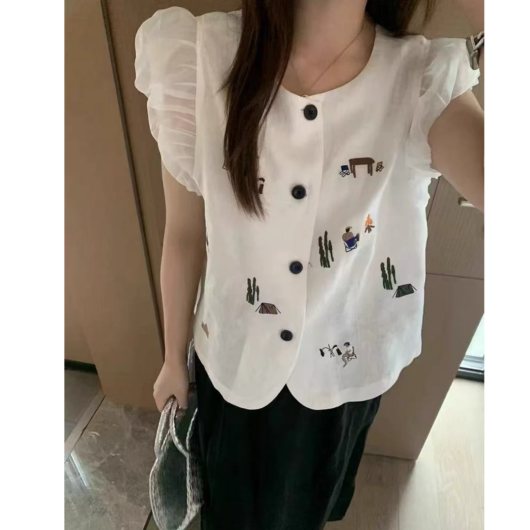 王永家~夏款卡通刺绣网纱拼接减龄百搭小衫9119