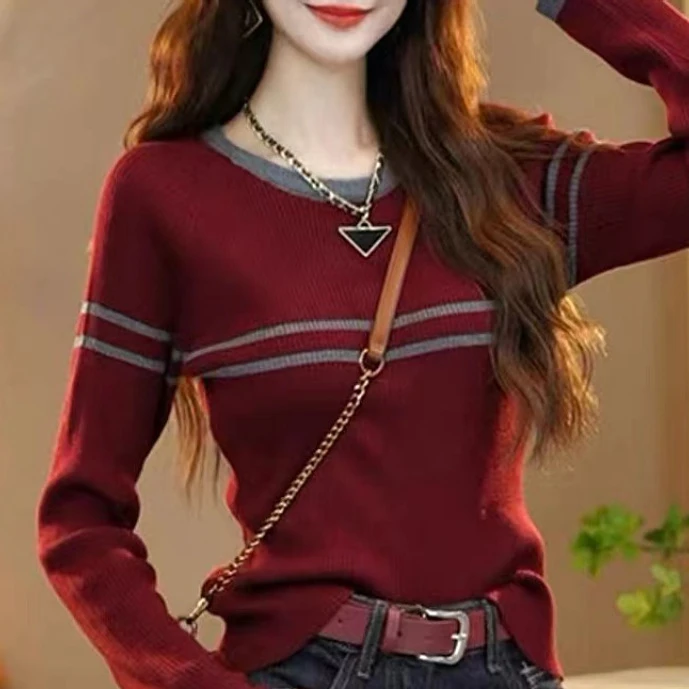 职业阿玛诗官女装2025春秋新款时尚双条纹撞色针织洋气打