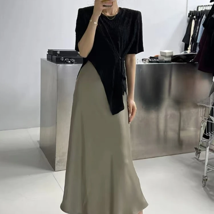 褶皱肌理感黑色开叉短袖t恤女夏季小众不规则小衫上衣鱼尾裙套装