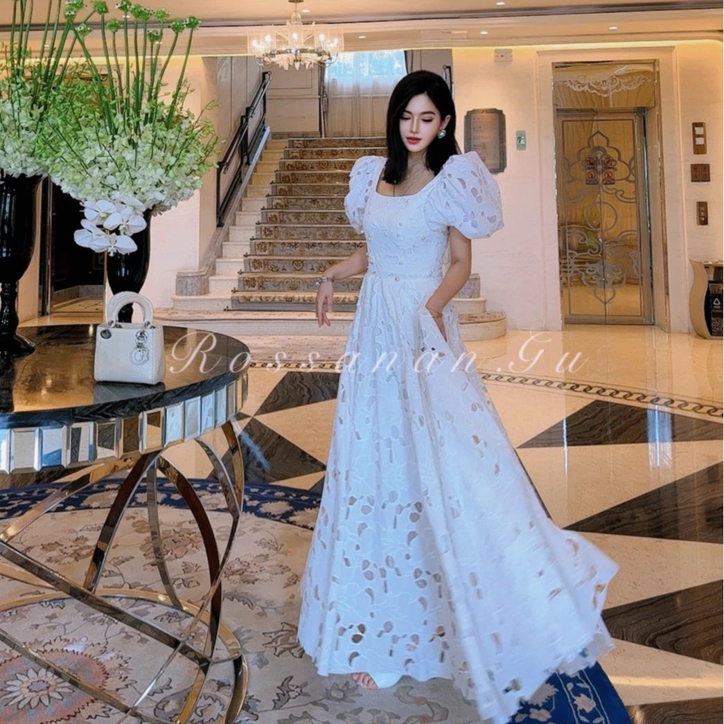 ROSAN【茶花细语】白茶花镂空刺绣法式公主泡泡袖古典优雅连衣裙