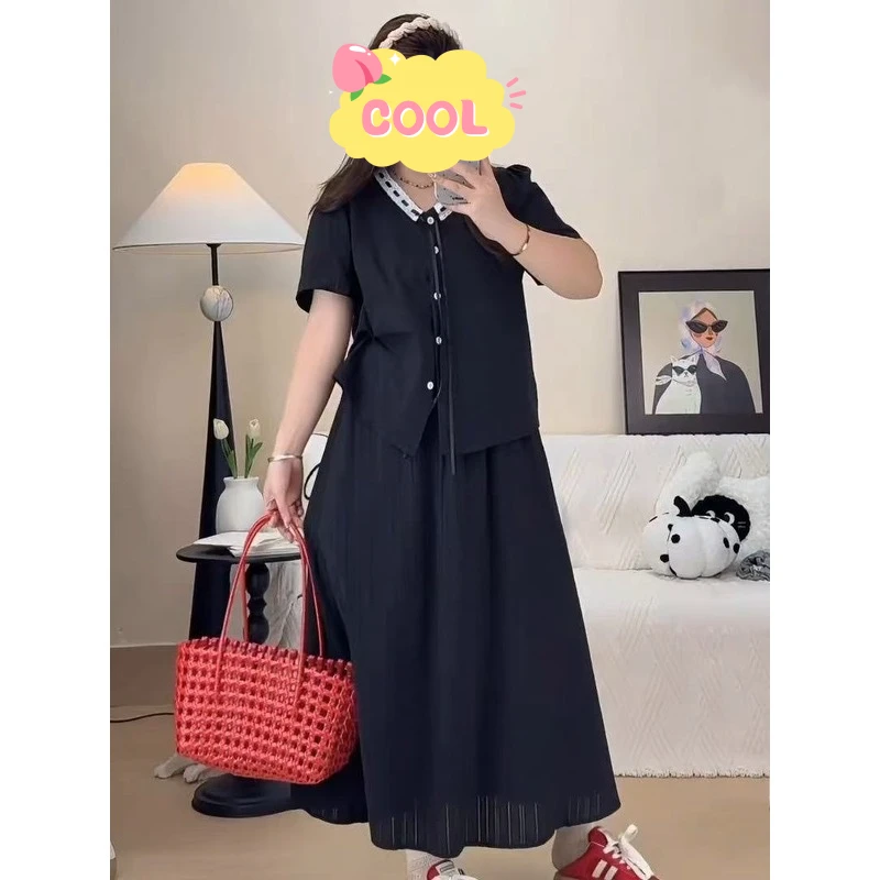 大码法式甜美显瘦短袖衬衫气质半身裙两件套