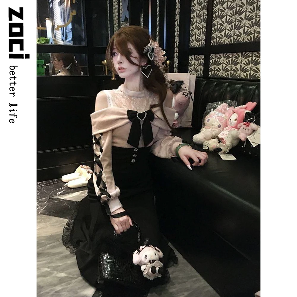 日系清楚系少女风设计感连衣裙秋冬新款气质千金感露肩显瘦鱼尾裙