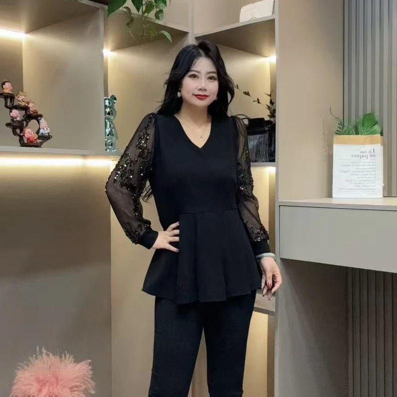 秋季小衫-檬 9333秋季时尚大码收腰显瘦拼接气质微透袖V领小衫