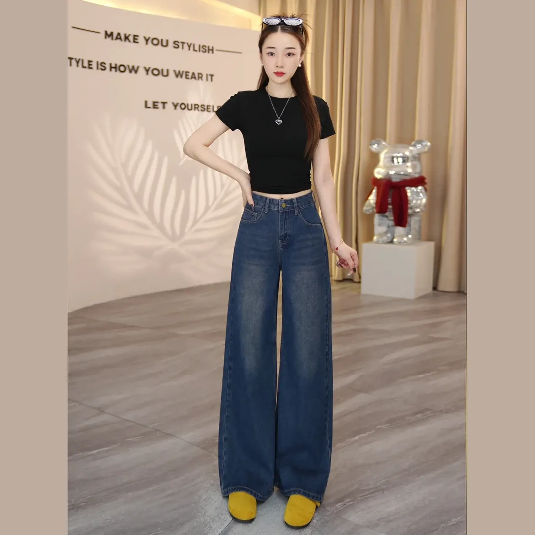 【现货+运费险】2025早秋新款复古蓝美式高腰阔腿裤显瘦百搭牛仔女