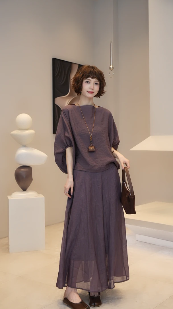 3.2【薇薇绮】一字领人丝上衣灯笼袖显瘦宽松百搭2025新款 D1