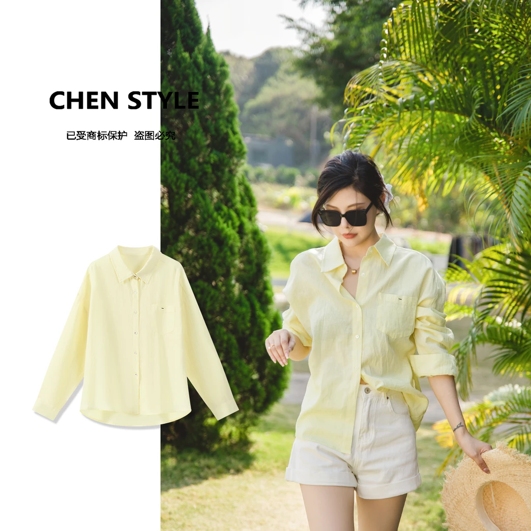 楚楚君~【柔雾黄】C50987春款黄色polo领净版轻薄防晒衬衫