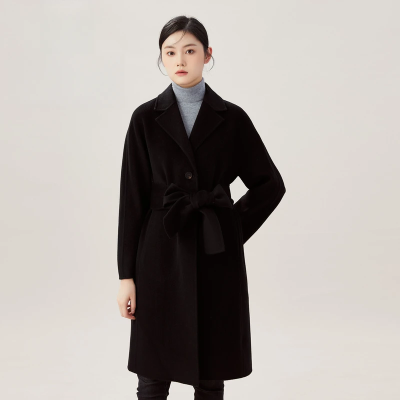 阿玛施AMASS新款女装翻领减龄长款双面呢纯羊毛大衣外套5400515-3