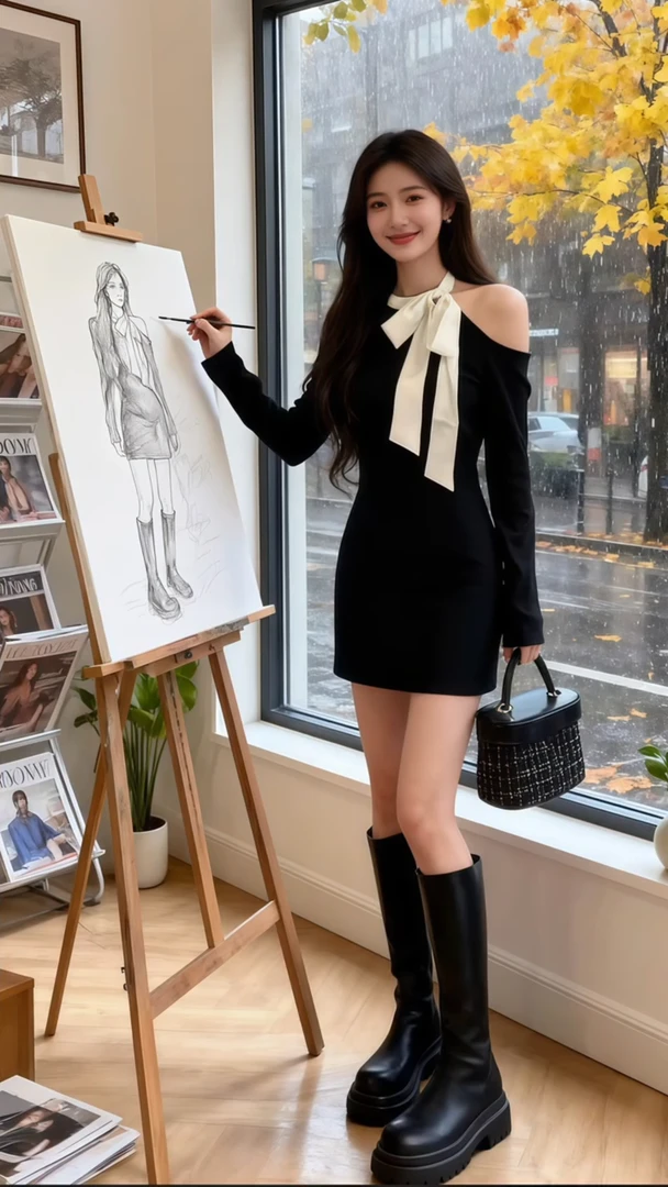 法式纯欲蝴蝶结黑色针织连衣裙子女修身气质露肩包臀a字短裙秋季