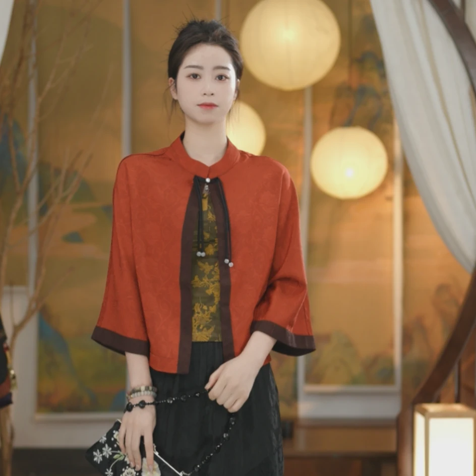 素娘时尚长袖网红新中式女士复古红色立领提花开衫外套S23305C