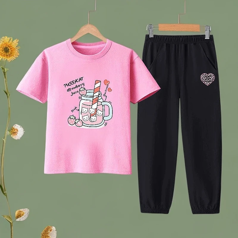 雅鹿女童运动套装夏季2025新款中大童装女孩纯棉T恤儿童防蚊裤潮