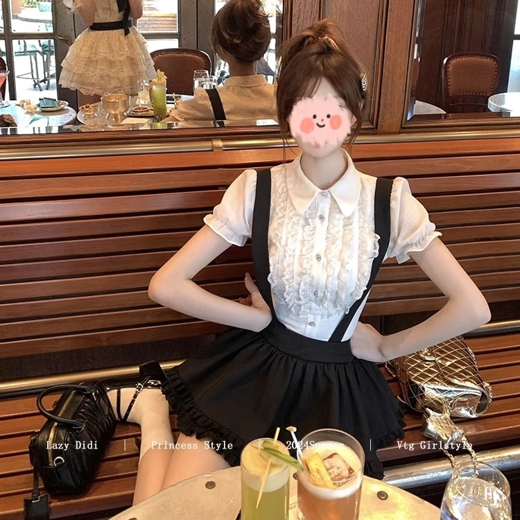 伦敦旧梦 层叠花边初恋白衬衣泡泡袖娃娃领短袖衬衫上衣套装