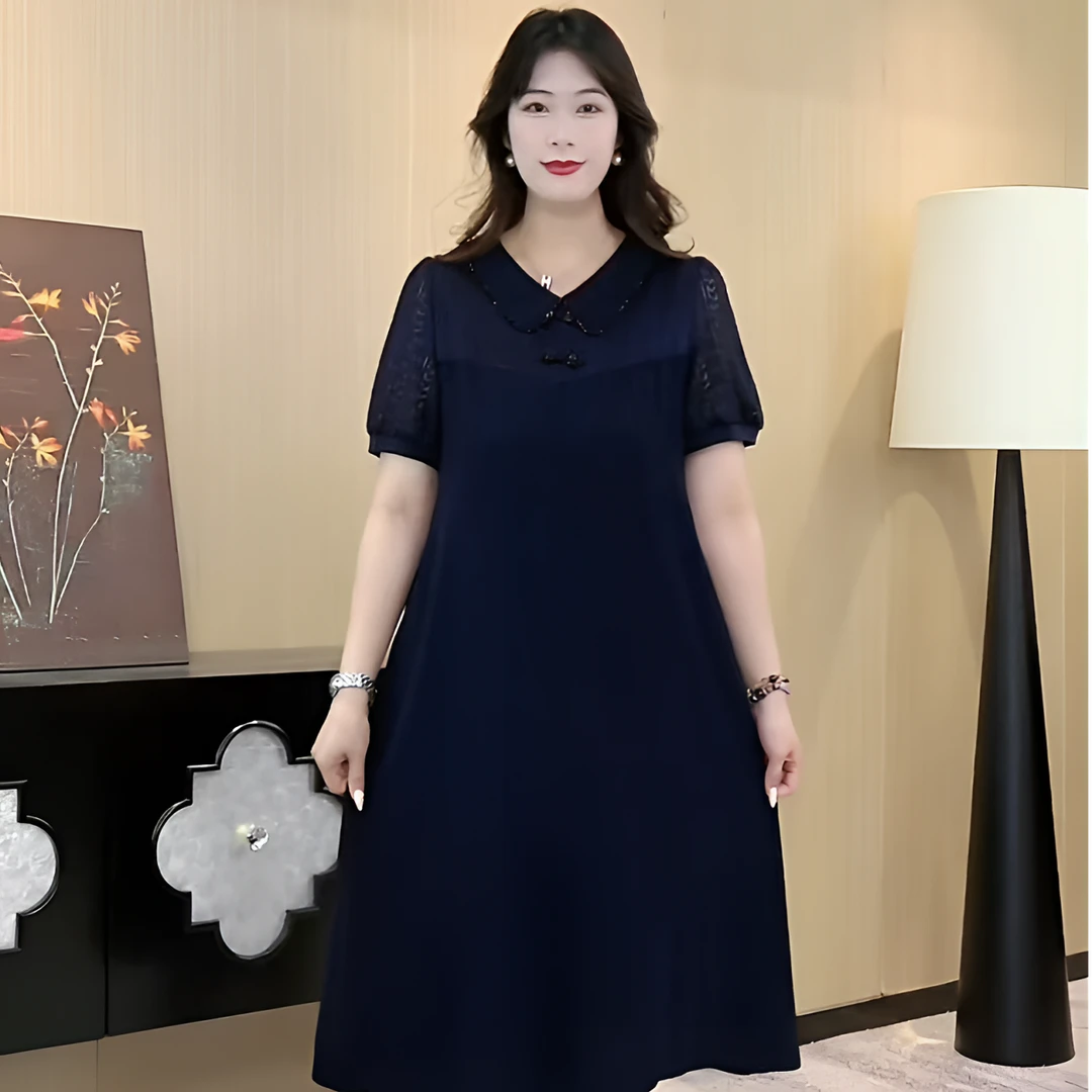 薇姐大码女装新款蓝色宽松连衣裙翻领盘扣短袖裙子240805