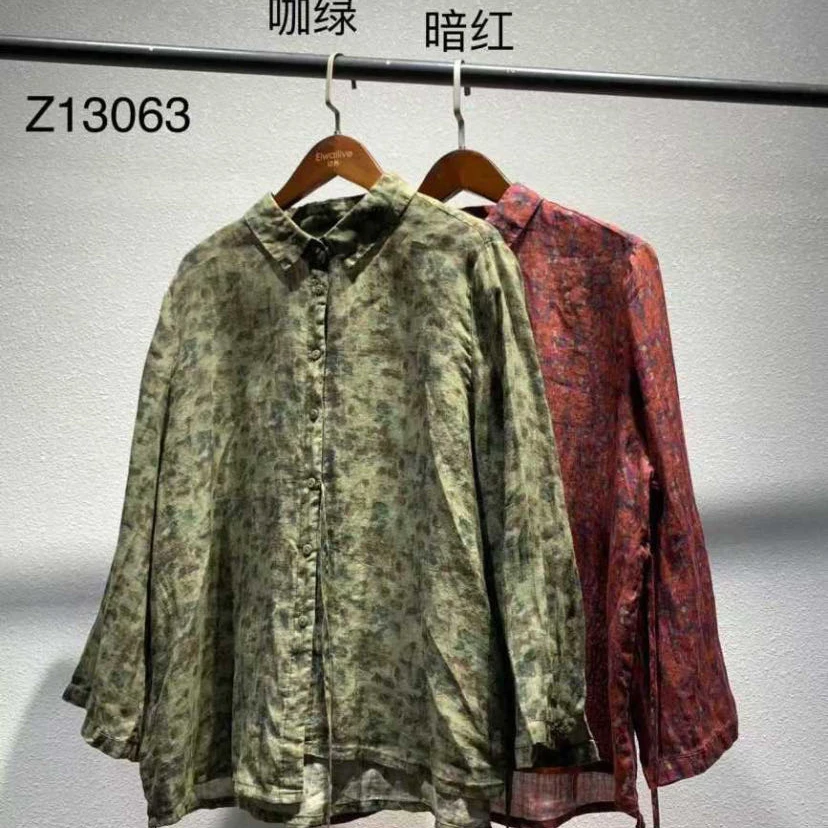 春夏时尚百搭碎花苎麻长袖上衣