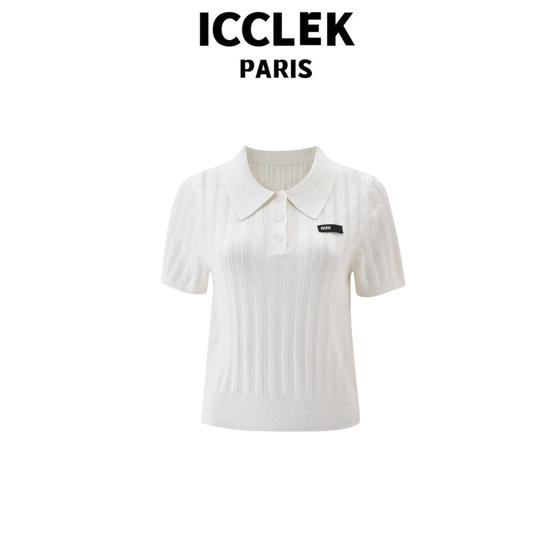ICCLEK 白色竖条显瘦减龄百搭轻奢翻领针织学院风短袖上衣 - 7064