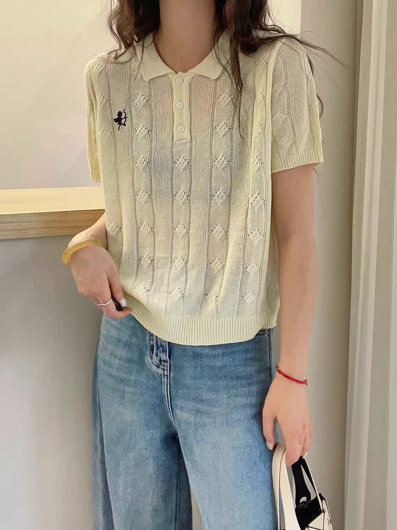 丫丫--夏装新款--翻领 刺绣丘比特百搭显瘦小衫