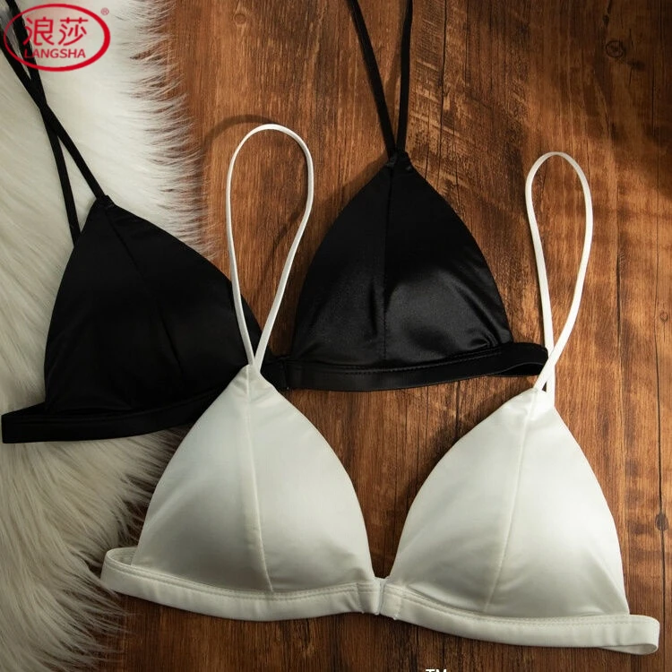 浪莎法式三角杯小胸聚拢内衣女超薄款美背露细肩带前扣文胸罩缎面