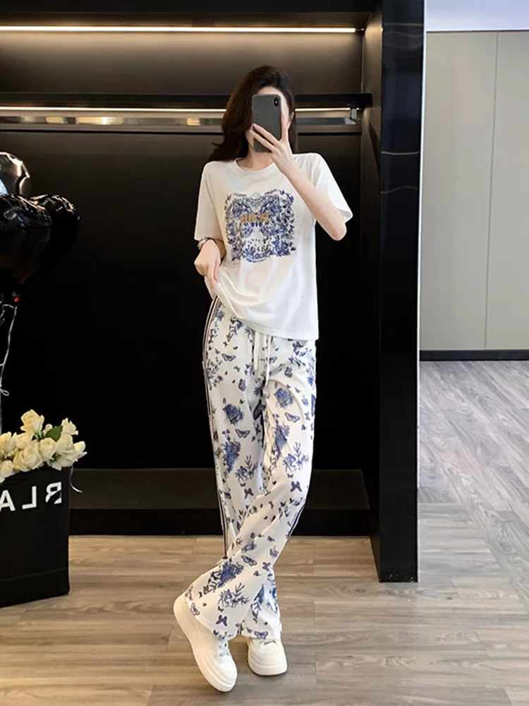 2025设计师款夏季薄款青花瓷峰恋花烫钻套装