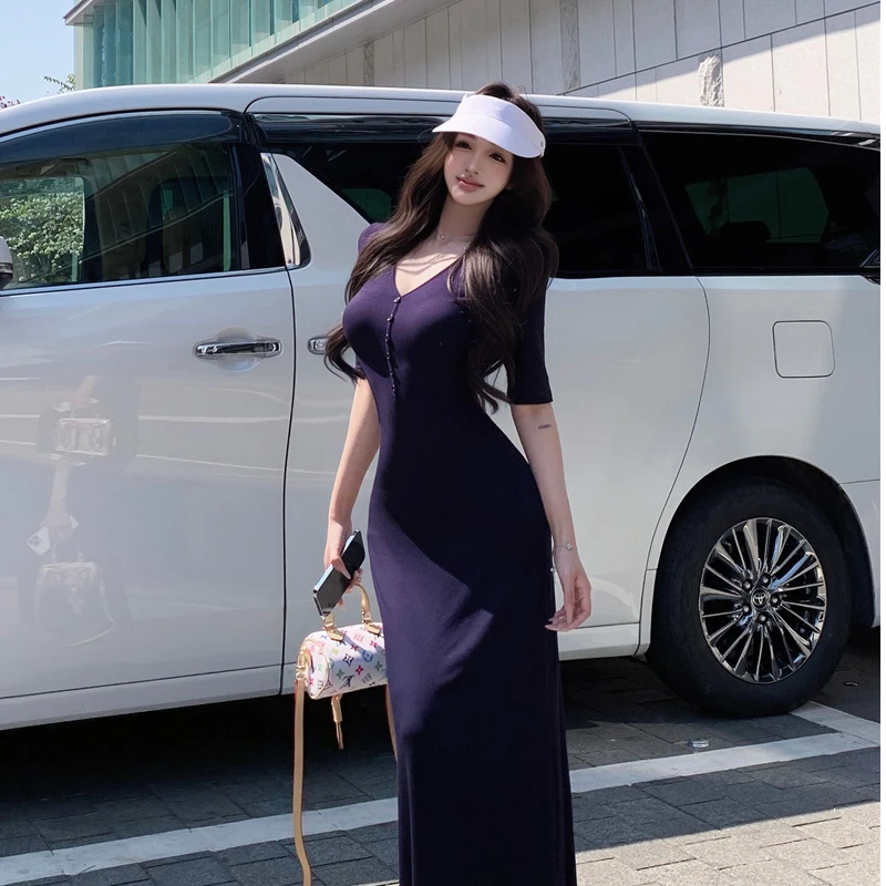 藏蓝色V领韩系时尚中袖连衣裙气质修身收腰包臀长裙