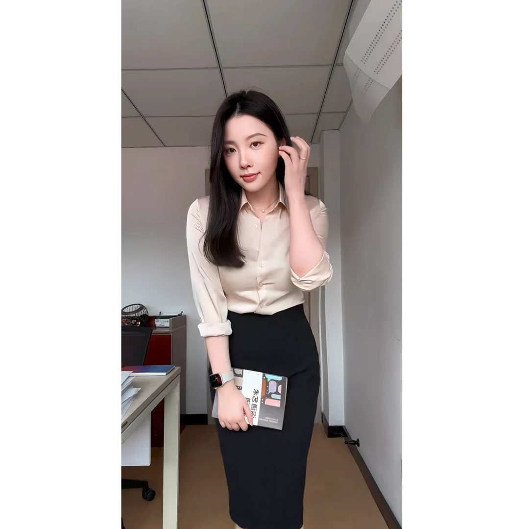 气质polo领长袖衬衫女早秋御姐修身衬衣高腰西装半身裙通勤套装