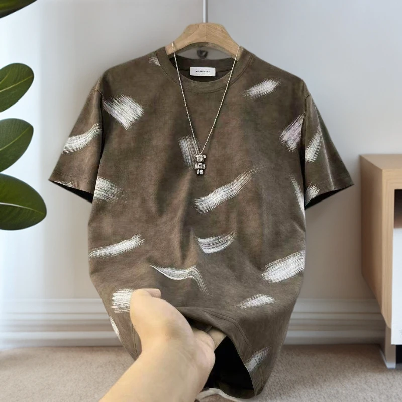 YH夏季短袖T恤男士薄款扎染满印时尚百搭帅气宽松圆领半袖 男上衣
