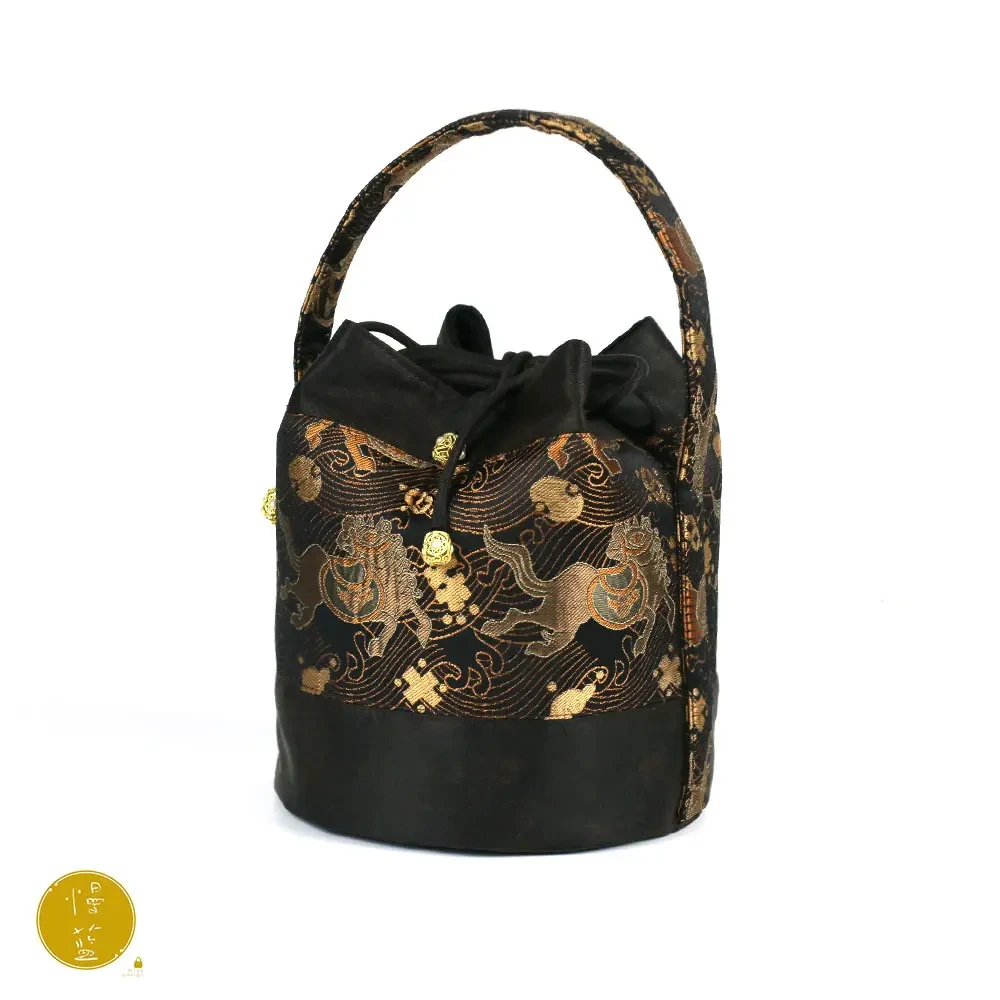 【陶珊居】马上有钱香云纱织锦拼接发财桶/带斜跨绳（慢蓝S0882）