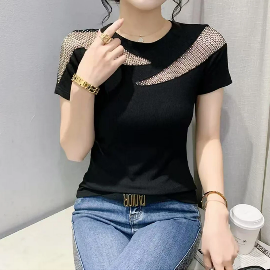 谢依900夏季新款短袖t恤小众性感镂空镶钻时尚小衫修身显瘦女装潮