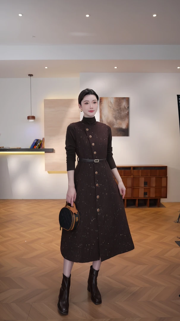 【WW】复古风显瘦默认款式连衣裙女装轻奢秋冬时尚 H-1608