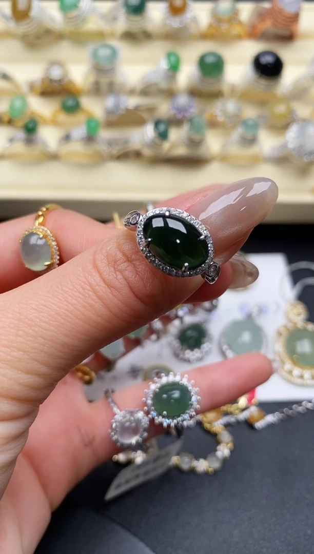 【闪购商品】翡翠戒指银S925镶嵌缅甸天然A货翡翠55 8-3