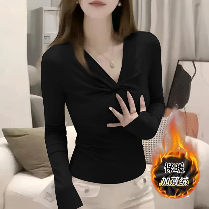 秋冬季新款纯色v领别致扭结上衣女设计感修身显瘦长袖T恤百搭洋气