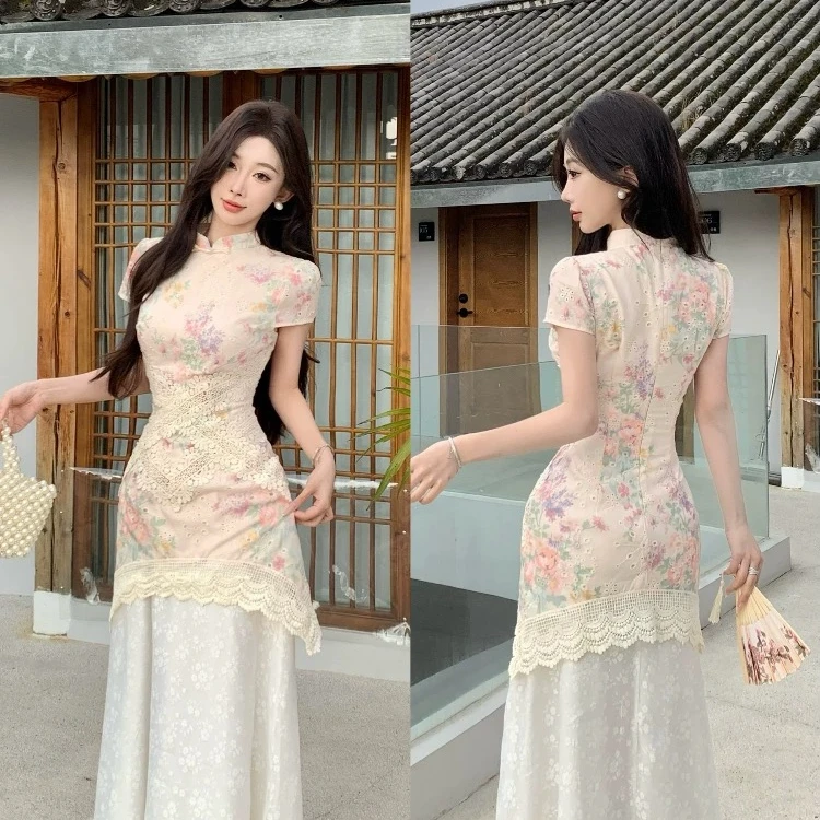 新中式假两件印花改良旗袍女2025春夏蕾丝拼接镂空修身显瘦连衣裙
