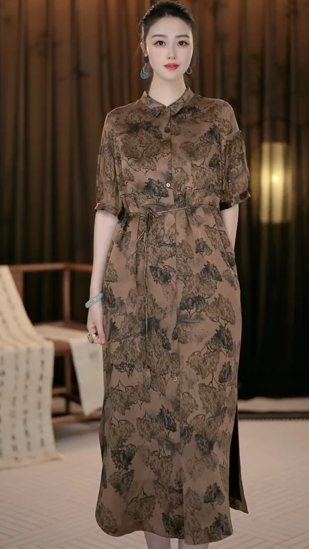 2025春夏新款100%桑蚕丝碎花中长裙淑女夏季连衣裙显瘦UN233412